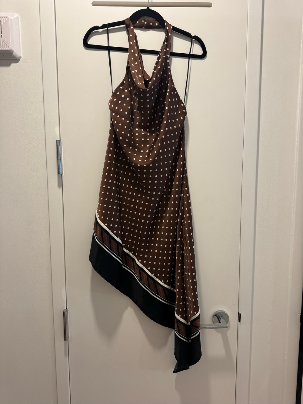 H&M Brown Polka Dot Halter Asymmetrical Dress with Black Trim